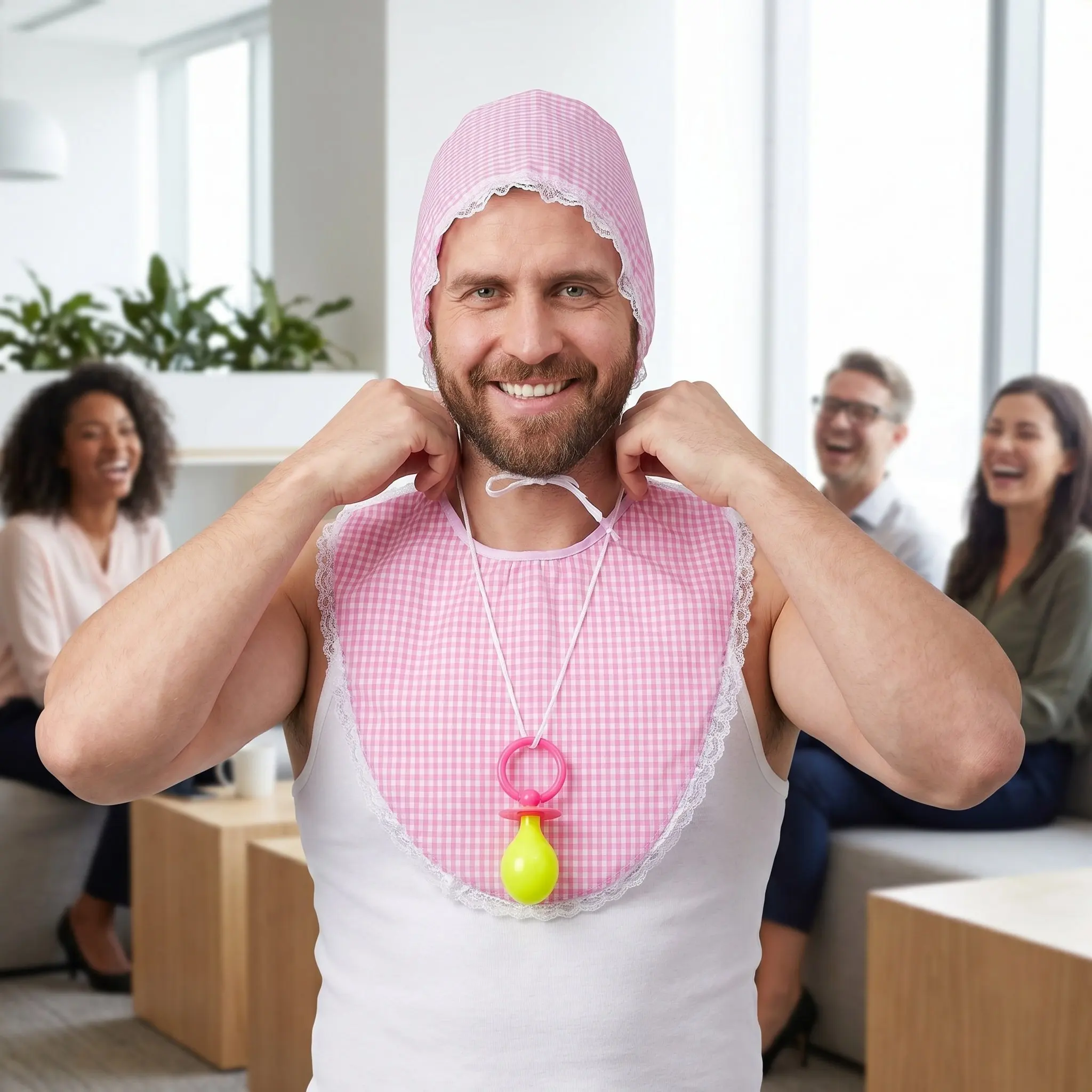 

2Sets Adult Cosplay Accessories Oversized Bib Jumbo Pacifier Plaid Bonnet for Comedy Party Prank Costume Photo Props