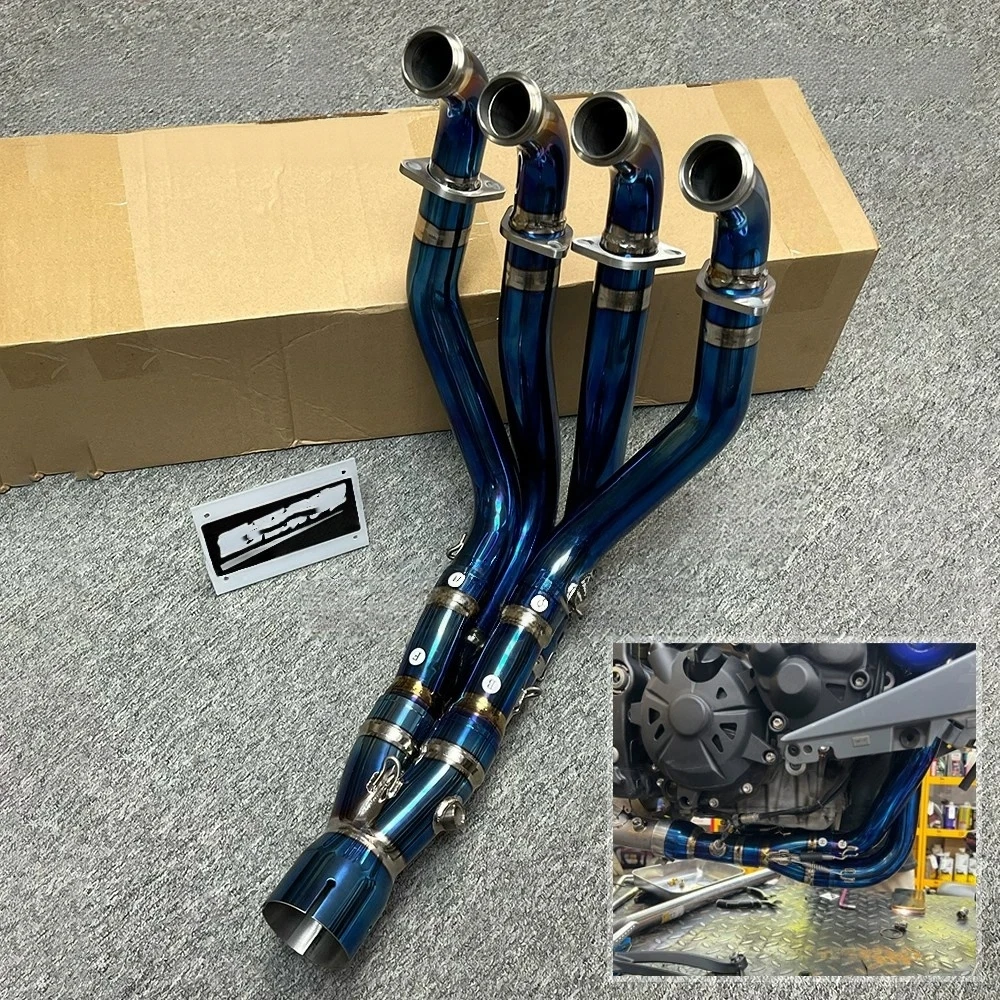 For Kawasaki ZX6R FST Shiny Blue Titanium Alloy Exhaust Header One-Piece Formed Bended Well-Finished Details No