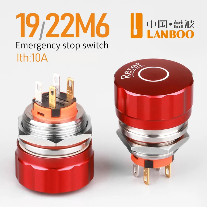 LANBOO 19mm Stainless Steel Metal Emergency Stop Button Switch Hold Type Mushroom Flame Retardant