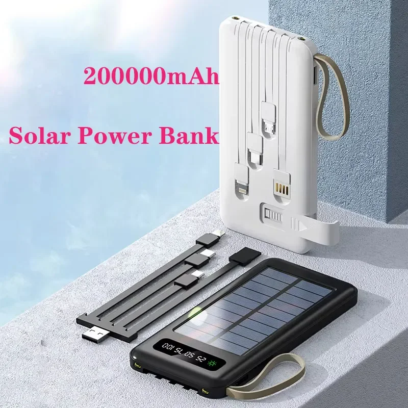 Portable Solar Power Bank 200000mAh Ultra-large Capacity Built-in Wire Fast Charging Power Bank Solar Charger External Battery