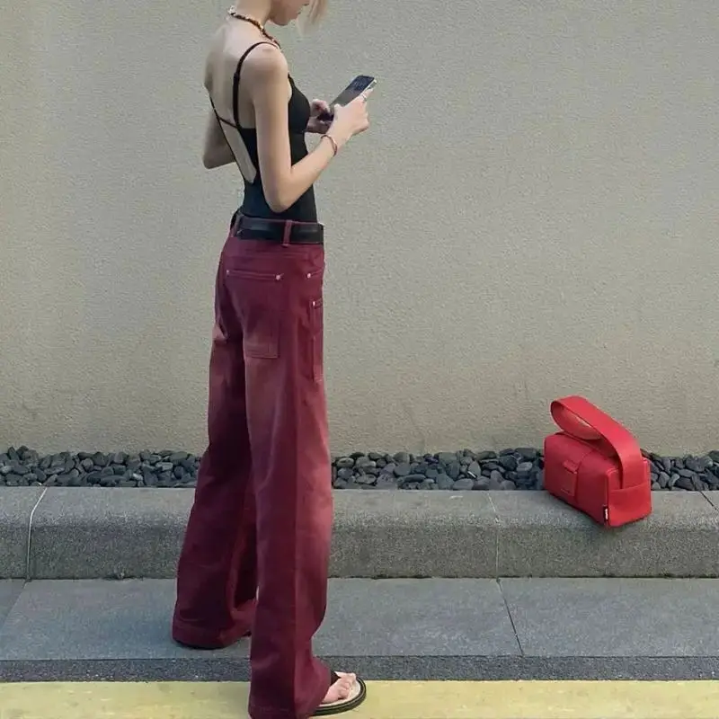 Jeans Wine Red High Waist Boyfriend Style Streetwear Baggy Women Y2k Vintage Washed Distressed Wide Leg Mopping Pants