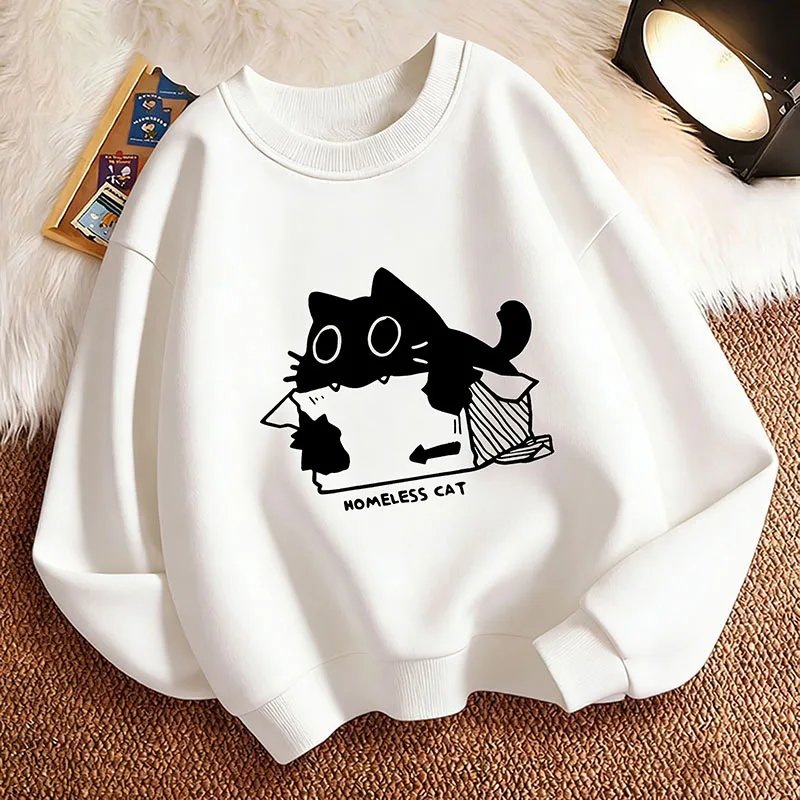 Lustige Freizeit-Hoodies mit grafischem Aufdruck „Homeless Cat“ und Rundhalsausschnitt für Jungen/Mädchen, Kinder-Kapuzenpullover, Kinder-Sweatshirt, Pullover für den Frühling