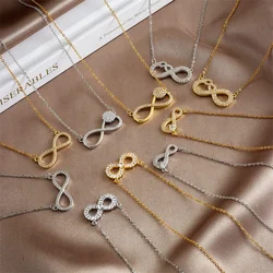 Romantic Geometry Zircon Infinite Symbols Pendant Necklaces for Women Girls Stainless Steel Chain Gold Color Accessories Jewelry