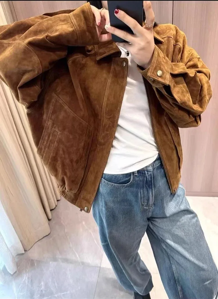 Retro High End นําเข้าหนังนิ่มหนังเสื้อแจ็คเก็ตผู้หญิงสแควร์คอพับแขนกระเป๋าขนาดใหญ่ 100% เด็ก Suede Coat Top