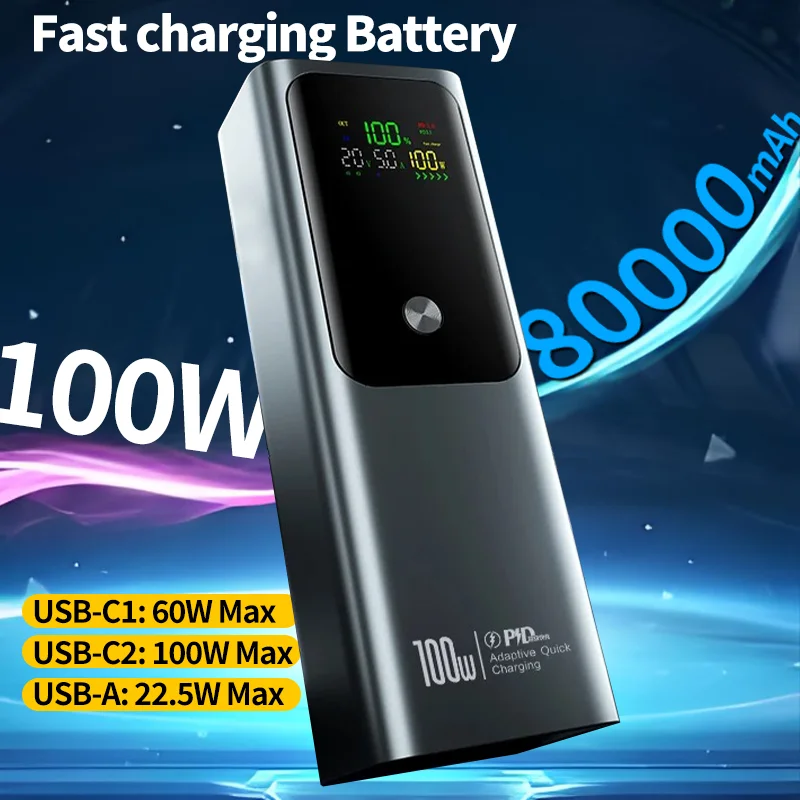

80000mAh Large-capacity Portable Color Screen Power Bank PD 100W Super Fast Charging is suitable For Mobile phones and laptops