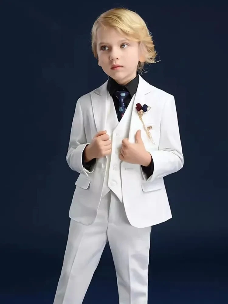 Boys Jacket Vest Pants 3PCS Ceremony Photograph Suit Kids Piano Performance Costume Children Luxurious White Baptism Party Dress