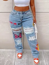 LW artı boyutu kelebek mektup baskı yırtık kot kadın büyük boy Denim moda düz pantolon Streetwears pantolon (2 renk)