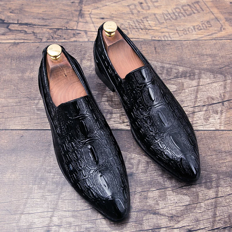 Hot Summer Slip-on Business Leather Loafers Crocodile&Checked Pattern Dinner Men Dress Shoes Fashion Social Shoes Glossy Black