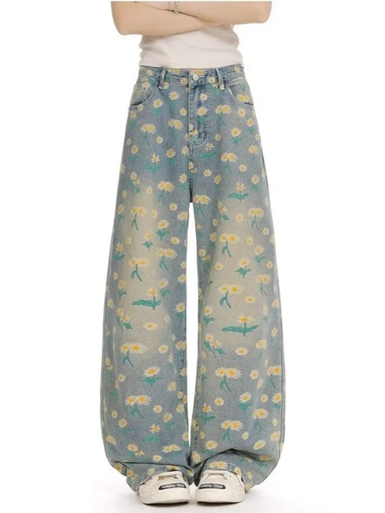 2025 Summer Y2K Fashion Flowers Printed Vintage Blue Baggy Jeans Pants For Women Clothing Casual Lady Denim Trousers Ropa Mujer
