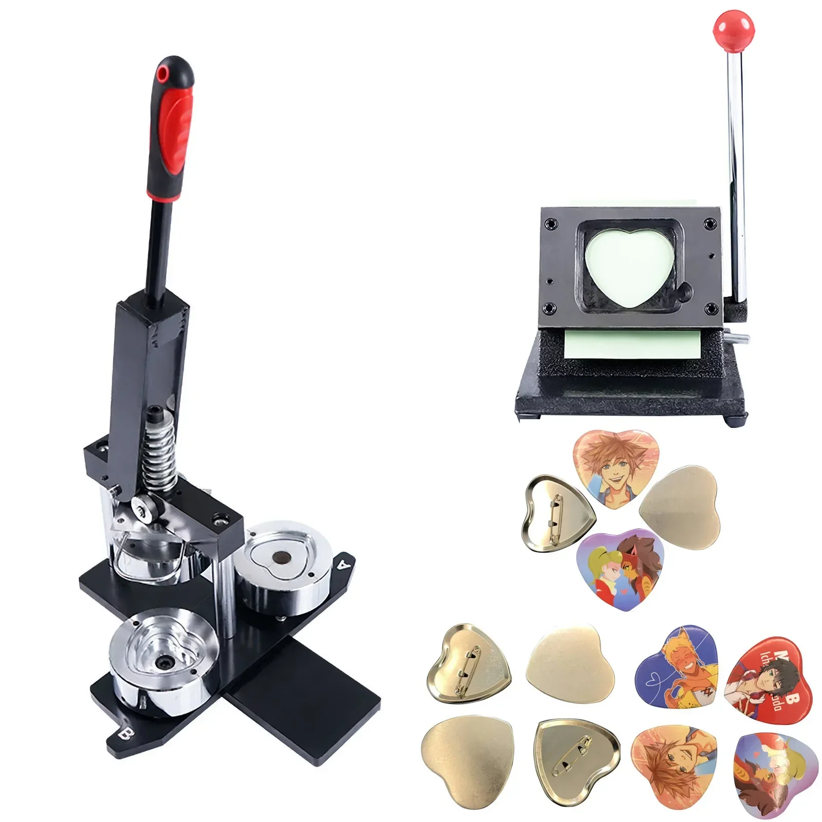 Heart-Shaped Button Maker Machine Installation-Free DIY Pin Button Kit Badge Punch Press Machine with 100pcs Parts&paper cutter