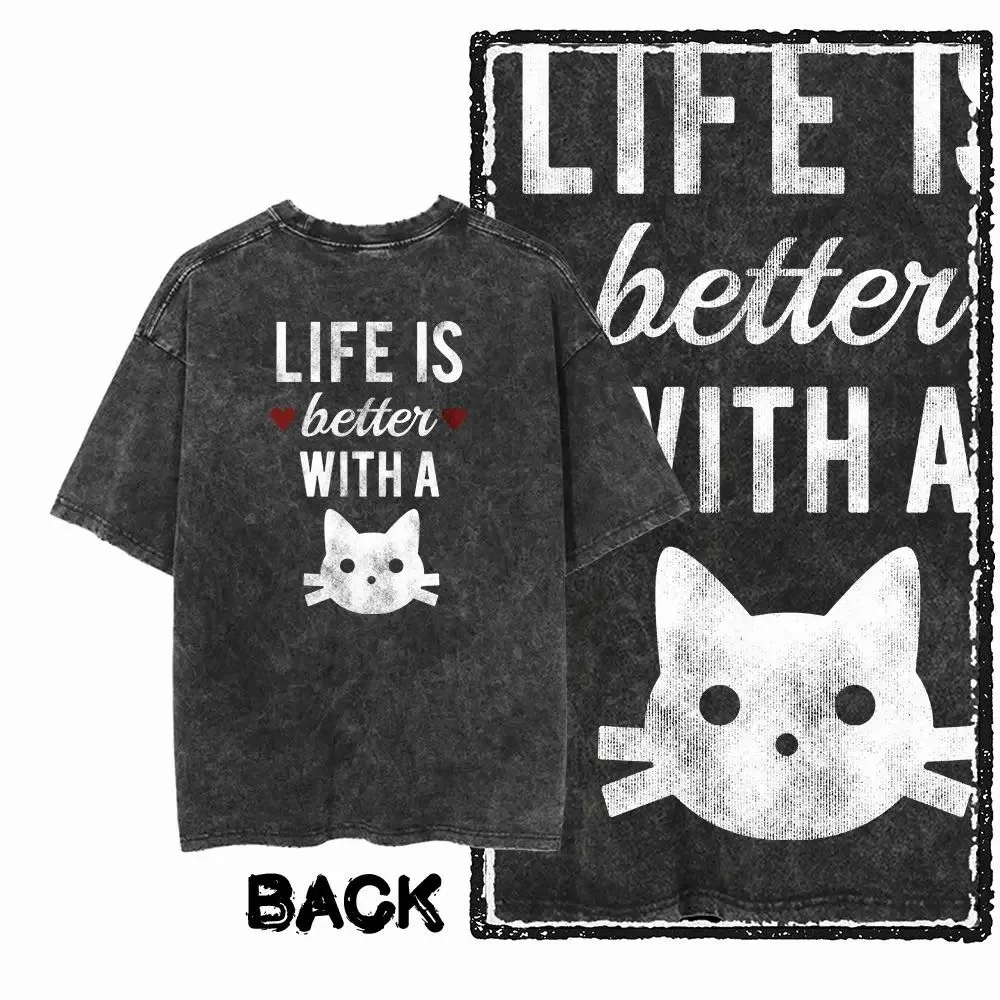Cat Printed Cotton Acid Washed Exclusive Graphic Unisex T Shirt Cool Streetwear Men Tshirts Big Size Tee for Women  Y2k Top