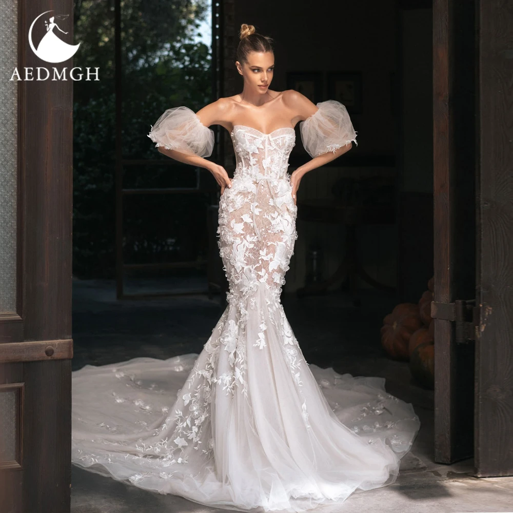 Aedmgh Sirena Abiti da sposa eleganti Senza spalline Manica staccabile Vestido De Novia Applicazioni in pizzo Abito da sposa su misura