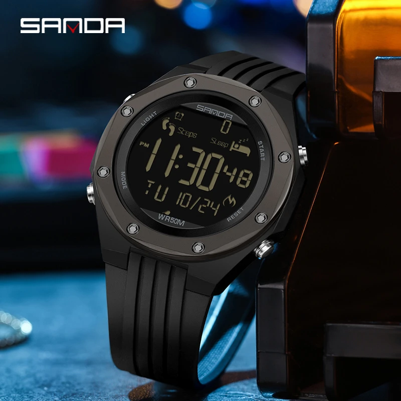 SANDA 6117 Top New 2023 Step Calorimeter Single Display Electronic Watch Simple Nightlight 50M Waterproof Sports Digital Watches