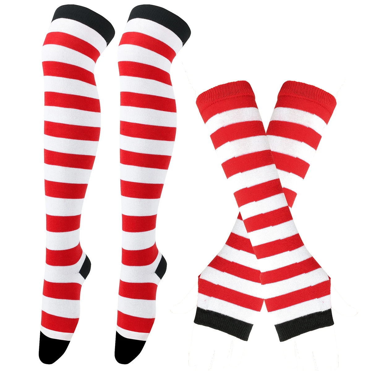 Womens Striped Stocking Socks Girls Knee High Socks Thigh High Over The Knee Hosiery Arm Warmer Fingerless Gloves Set