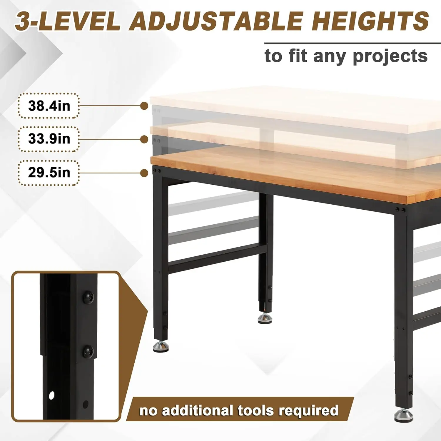 HABUTWAY Banco de trabajo de altura ajustable 48 "x 24" 2000 lb de capacidad Estación de trabajo de madera de roble Bancos de trabajo resistentes con tomas de corriente