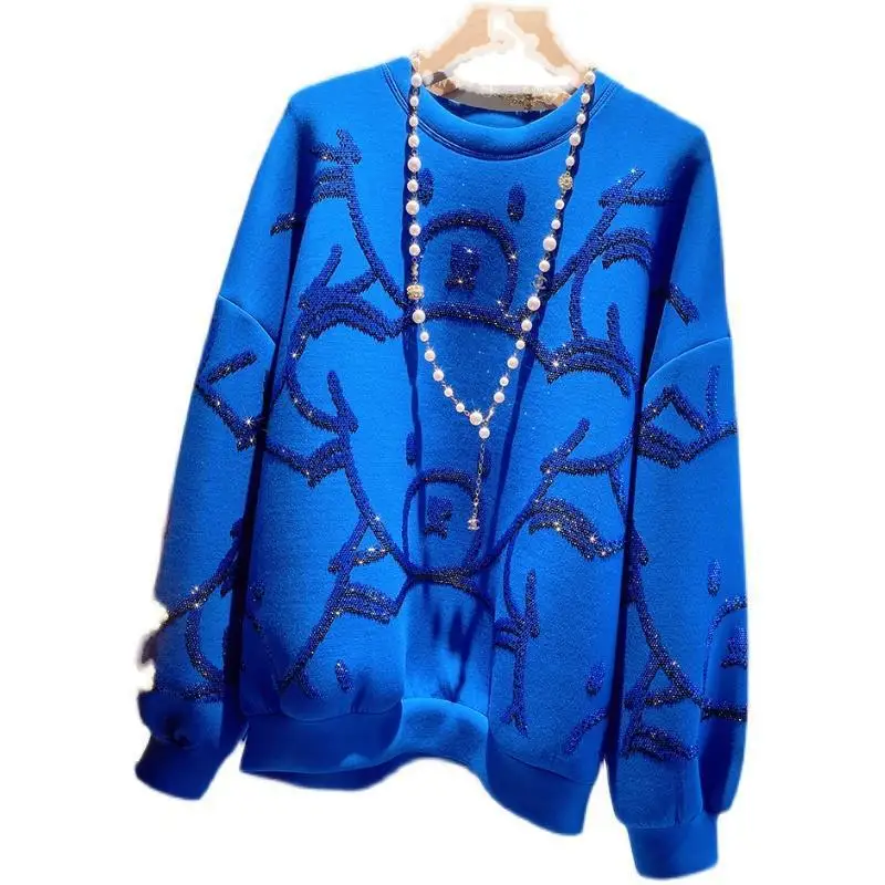 Autumn Winter New Fashion Blue Cotton Rhinestone Bear Hoodie Coat Women Loose All-Matching Slimming Lazy Style Sweatshirt Jacket