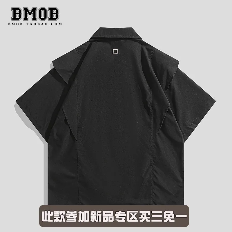 2026 Summer Trendy Men High Street Shirt Fake Two piece Structure Zipper Detail Short Sleeve Blouse Niche Advanced Texture Loose