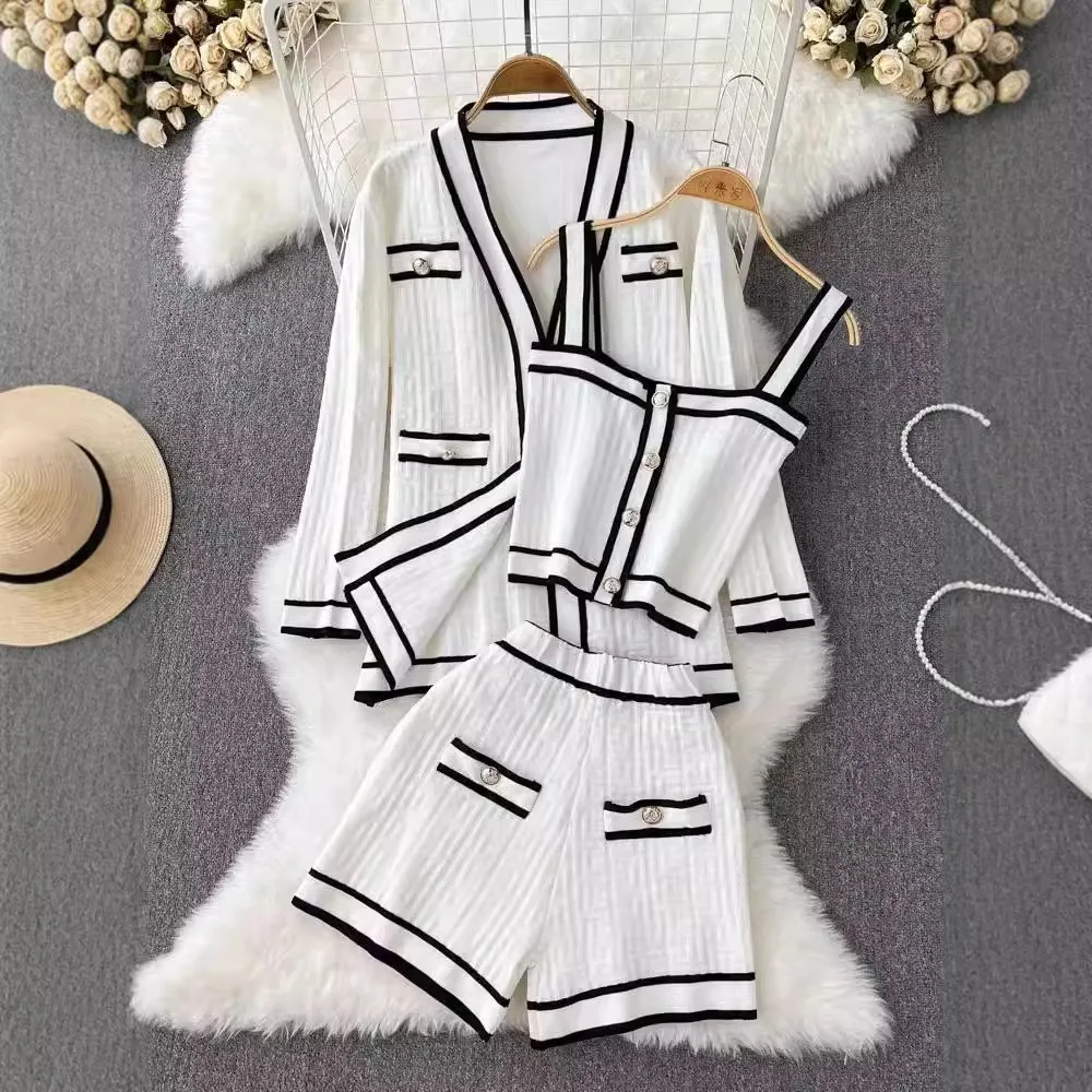 

Spring Autumn Knitwear 3PC Sets Long Sleeves Cardigan+Single Breasted Spaghetti Strap+High Waist Elastic Shorts Casual Suits
