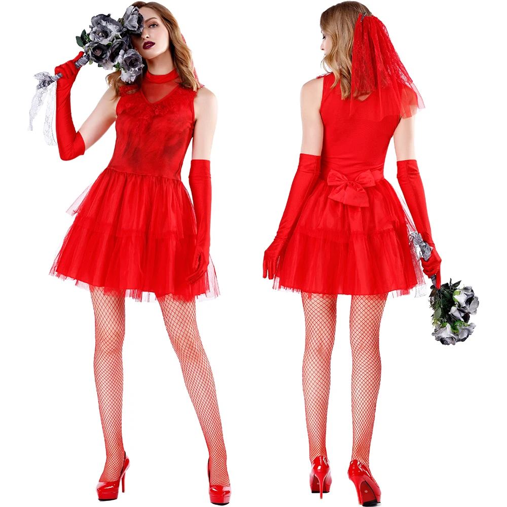 Halloween Spookbruid Cosplay Kostuum Vermomming Rode Jurk Pak Eng Lijk Voor Vrouwen Carnaval Feest Optreden Kleding Rolspel