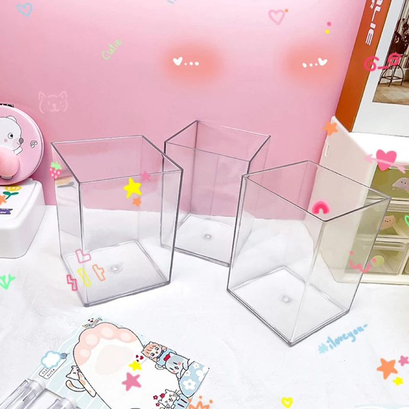 Desktop Desk Table Stationery Organizer Clear Plastic Pen Pencil Holder, Clear Makeup Brush Holder Cup Storage Office