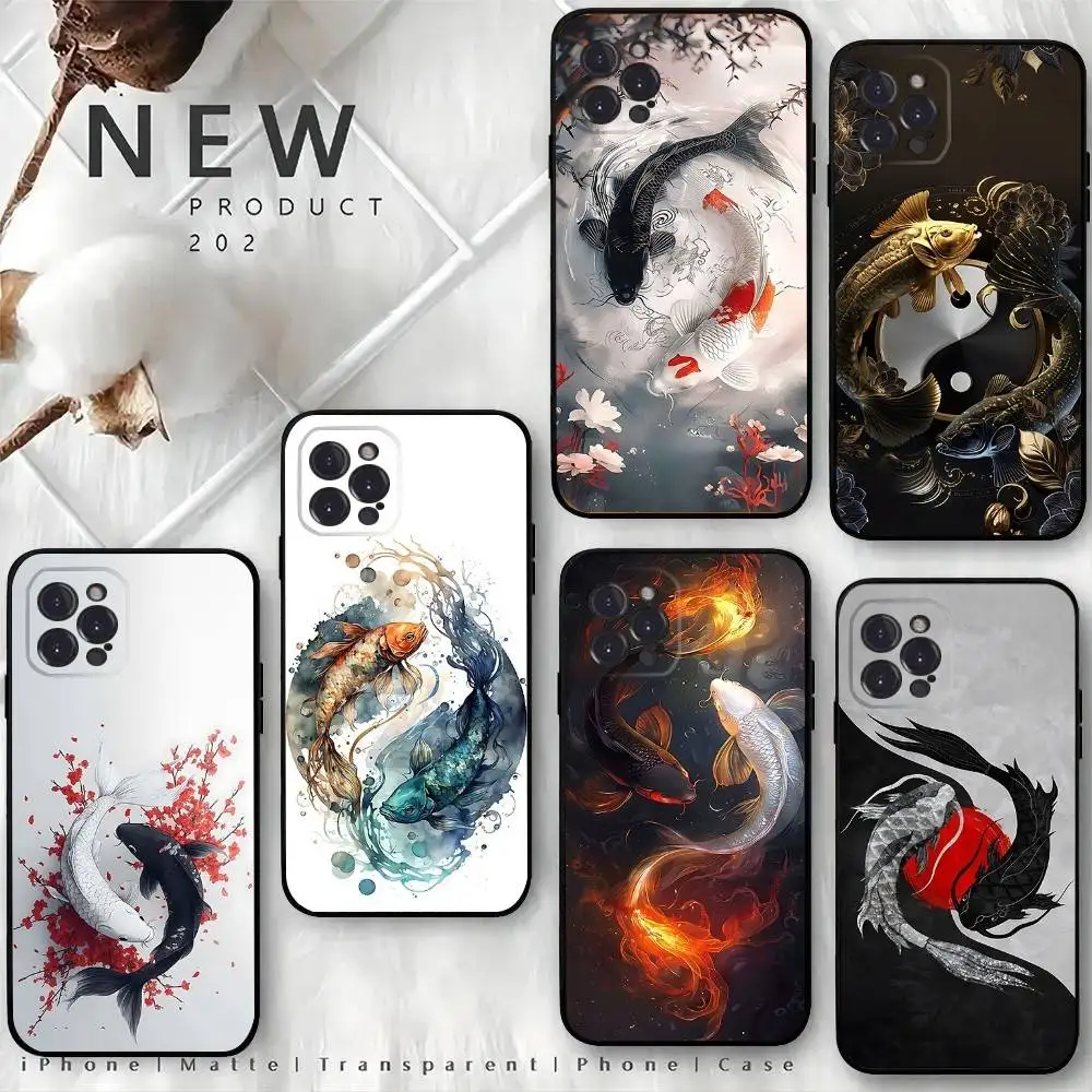 

Koi Carp Fish Yin Yang Phone Case For iPhone 16,15,14,13,12 Mini 11 Pro XR,X,XS,MAX 7,8 Plus Silicone Cover Soft Black