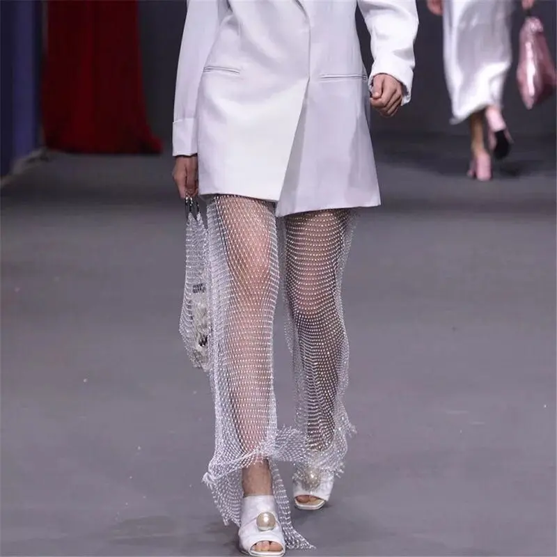 Women's Street Style Netting Base Layer Pants Adjustable Waist Diamond Embellished Summer Fashion Polyester Fiber Trousers