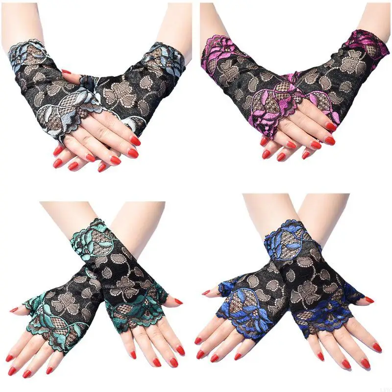 L5YC Lace Gloves Elegant Short Courtesy Summer Wrist Length Fingerless Floral Mittens
