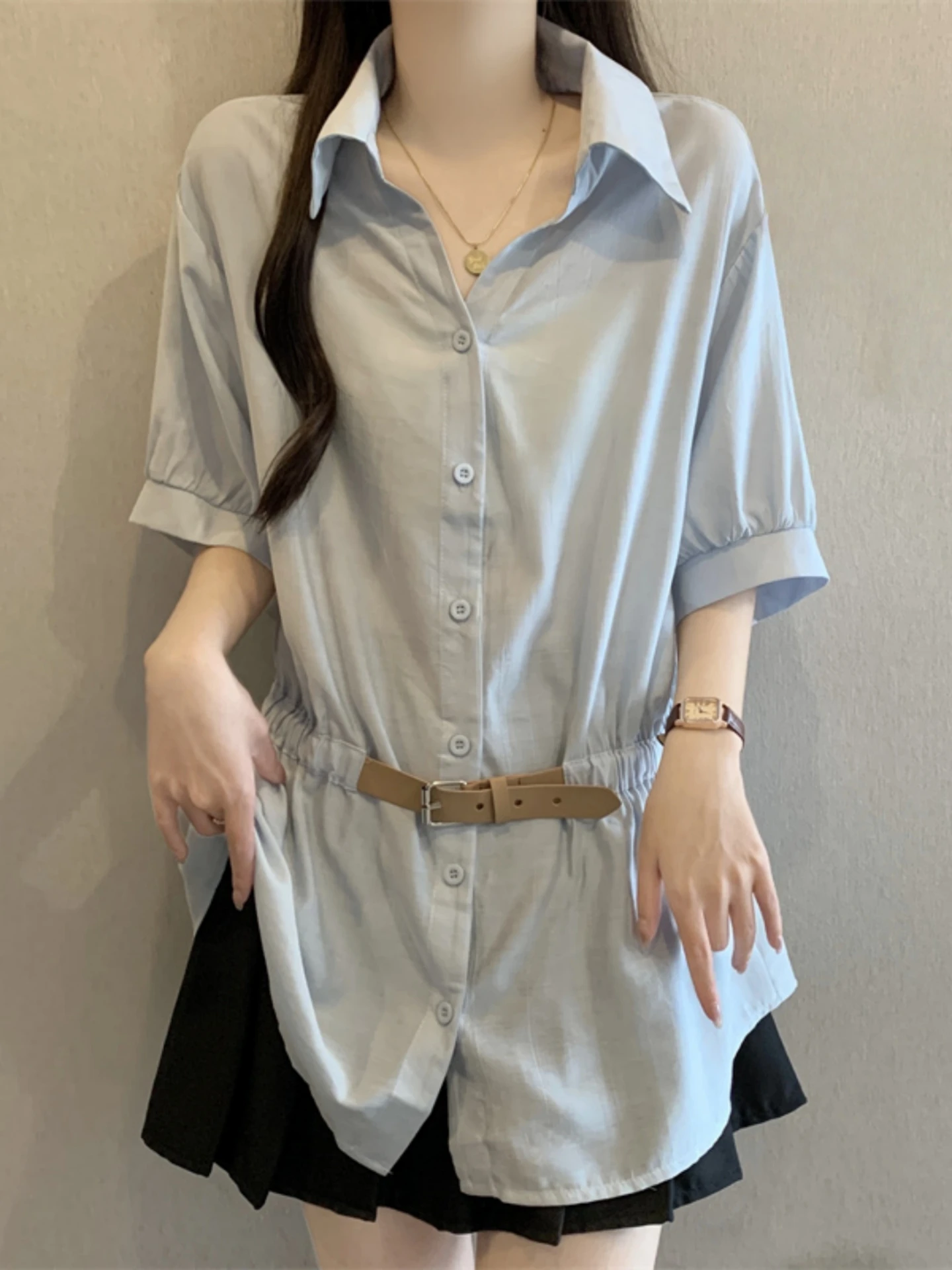 

Women's Belted Short Sleeve Shirt Korean Style Loose Fit Button Detail Midi Length Half Sleeve Base Top Slimming Summer New