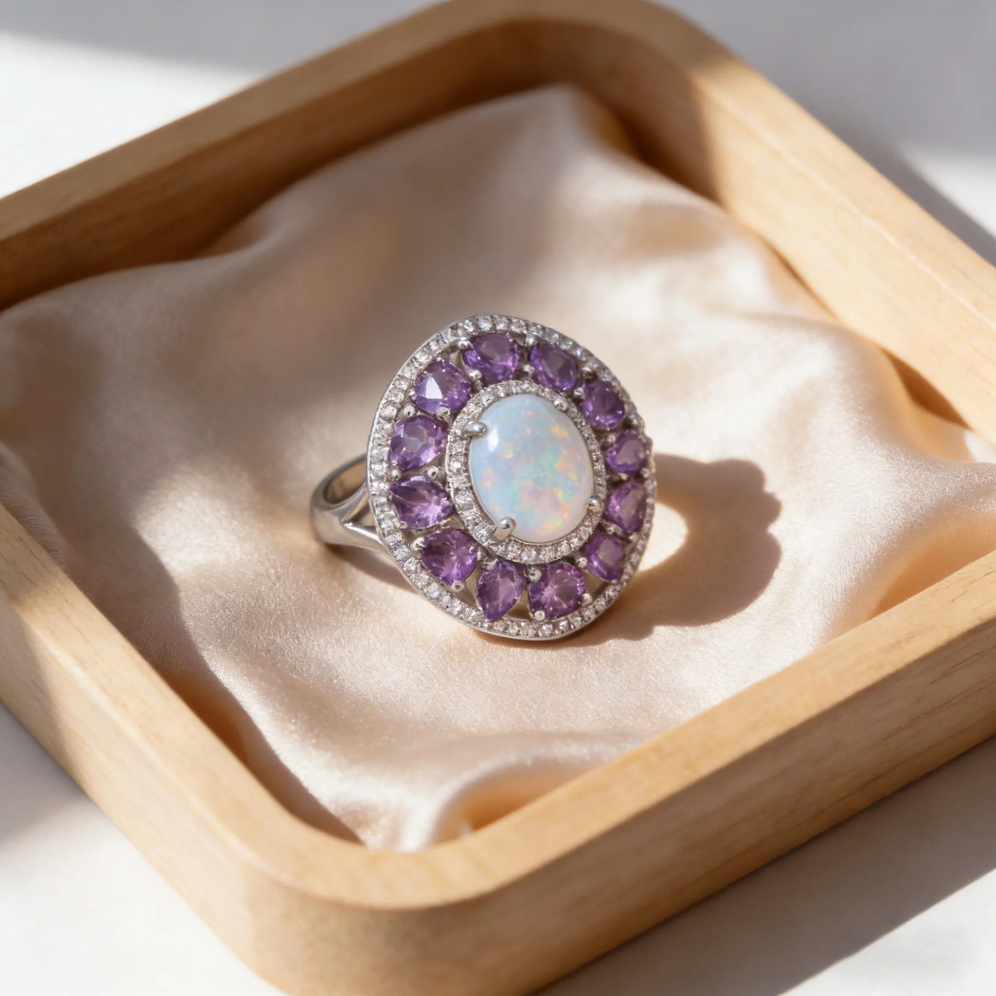 Women's Fashion Oval Opal Ring with White Opal & Purple Zircon Surrounding Ladies Stylish Jewelry Valentine Gift for Girlfried
