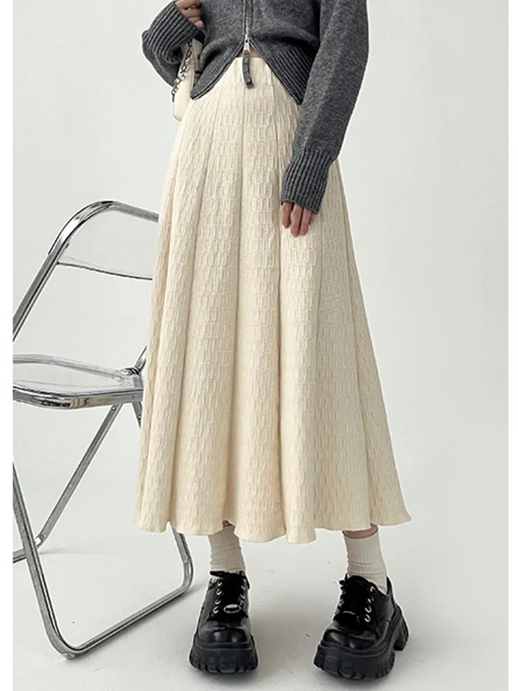 2024 Spring Summer Korean Fashion Women A Line High Waist Mid-Long Skirts Female Loose Pleated Skirt Vintage Elegant Streetwear