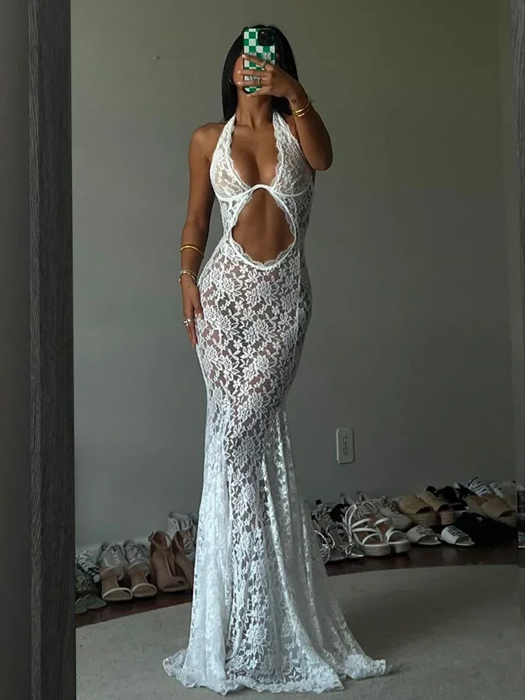 

White Lace Printed Maxi Dress For Women Summer Sexy Backless See-Through Patchwork Beach Fashion Dress Female Long Dress