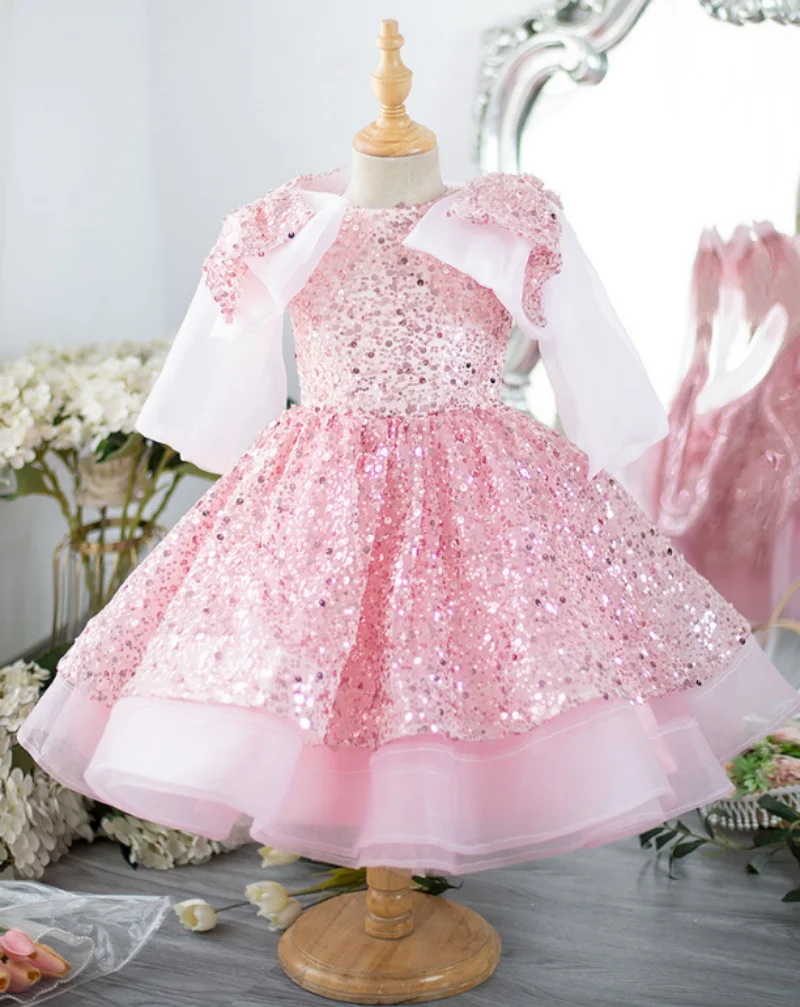 

Cute Pink Baby Girl Dresses Sequin Pearls Big Bow Toddler Pageant Gowns Little Girl Birthday Dress First Communion