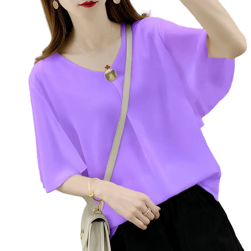 

4XL Women Summer Spring Shirts Lady Fashion Casual Short Sleeve V-Neck Collar Solid Color Office Blusas Tops G2376