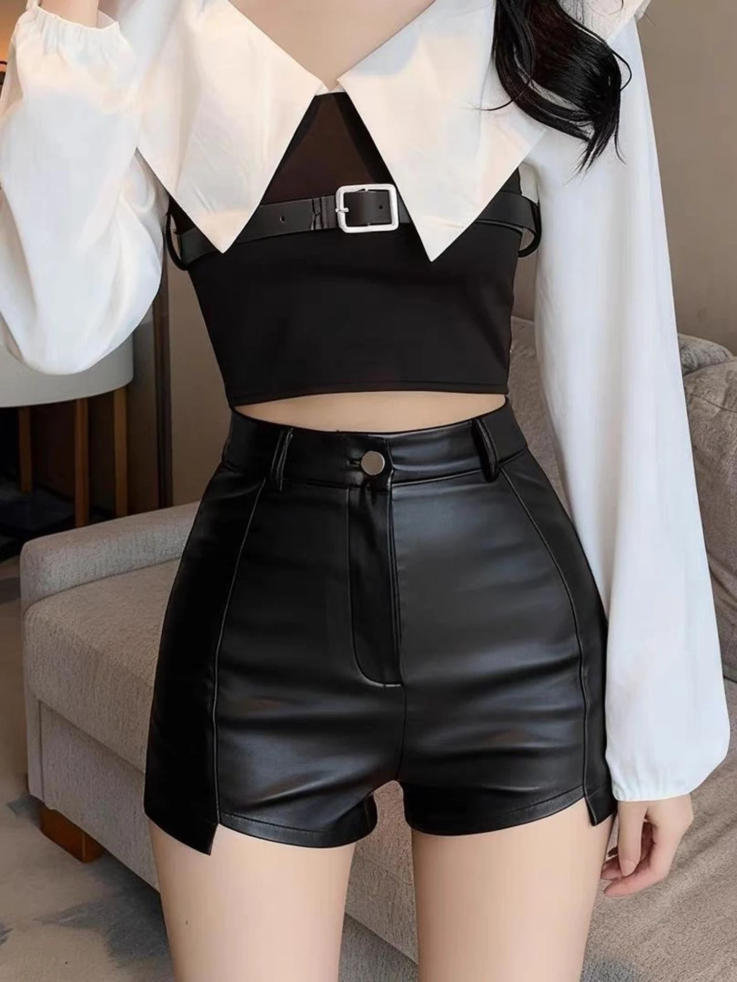 Slim Fit PU Leather Short Pants Women's Autumn Winter New Style Slimming Trendy Hot Girl mid Waist Boot Outerwear Base Layer ...