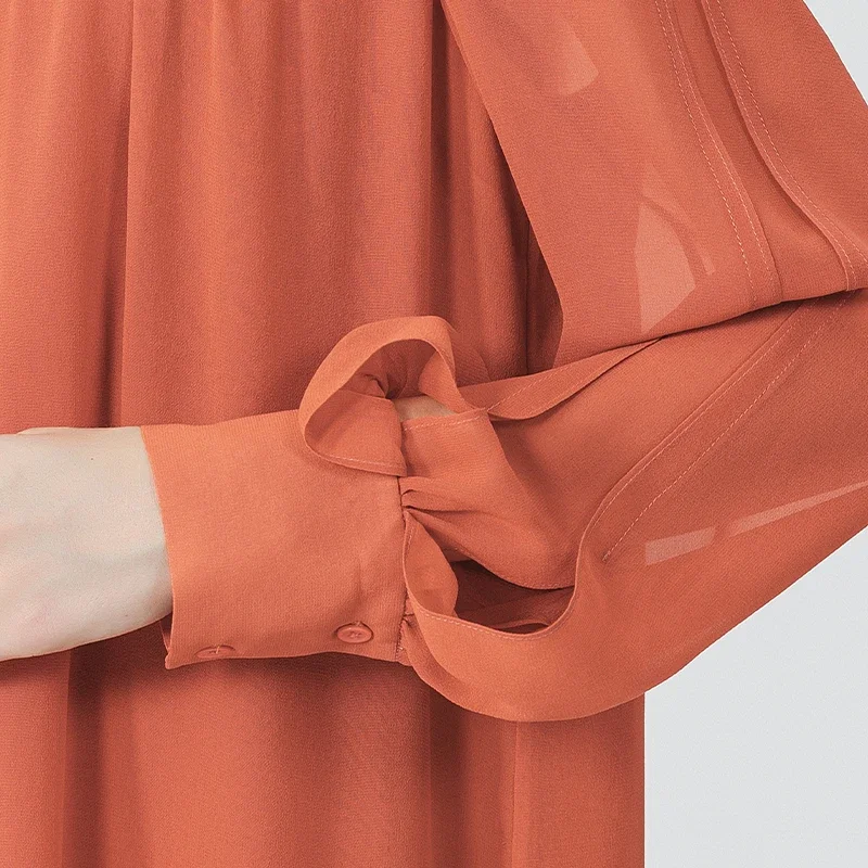 Voa tomate vermelho dupla camada georgette vestidos de seda amoreira o pescoço lanterna mangas compridas solto doce seda midi vestido ae1707