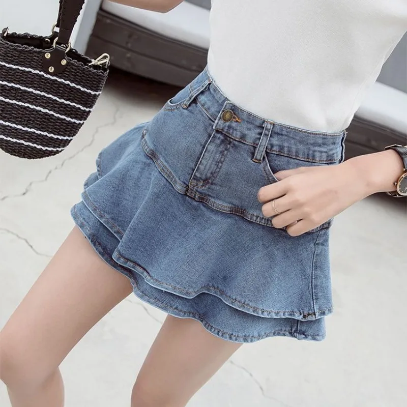 DEEPTOWN Fashion Ruffles Denim Skirts Summer Women Preppy High Waist Lined Jean Mini Skirts Casual Solid Korean Girls Skirts