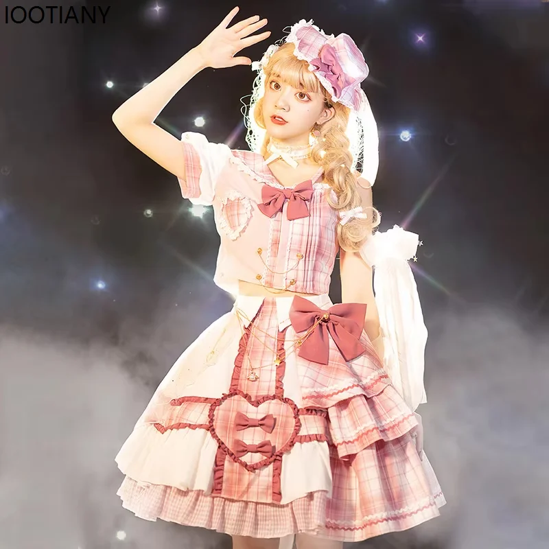 Women Sweet Cute Lolita Princess Dress Japanese Idol Hit Song Pink Plaid Dresses Asymmetric Short Skirt And Top Set Dress Up New