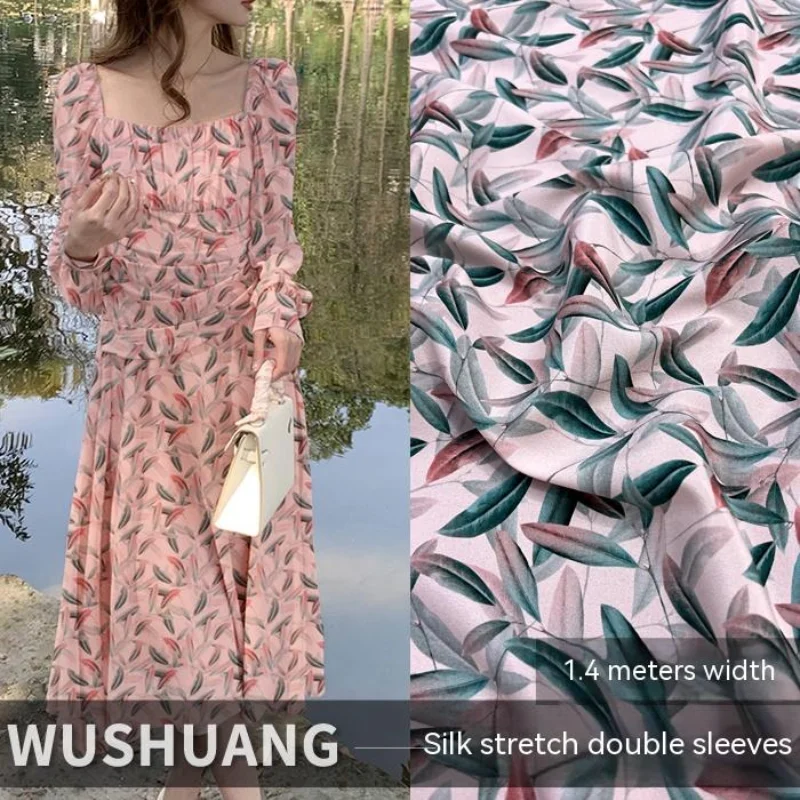 Silk Stretch Crepe De Chine Wrap Fabric Powder Blue Printed Leaf Spring Summer Shirt Dress DIY Sewing Wholesale Cloth