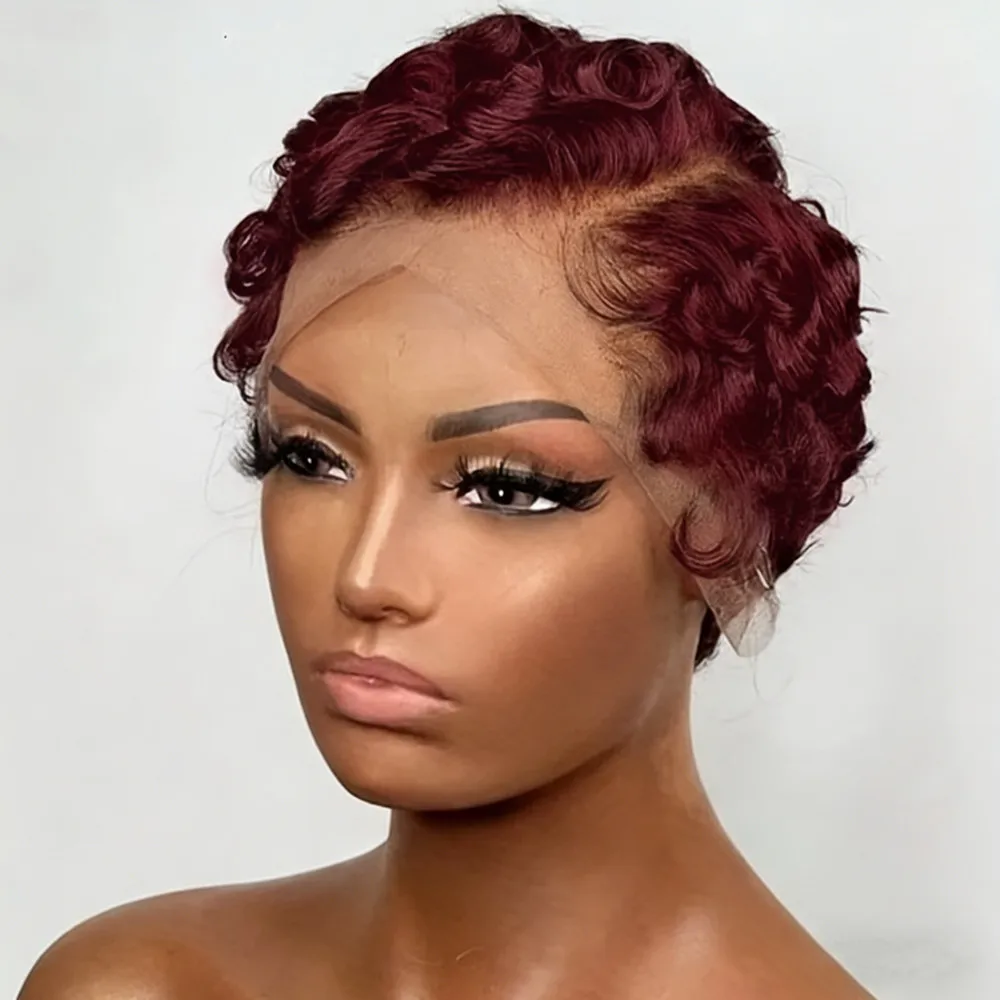 

150% density wavy 13x4 frontal lace pixie wig for women natural black color pixie cut short human hair wigs