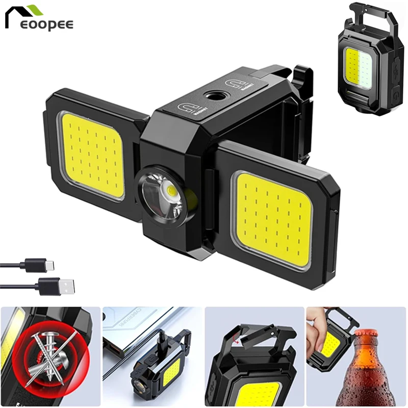 Mini lanterna chaveiro luz COB luz de trabalho lâmpada recarregável USB com 90 °   Lanterna super brilhante com luzes laterais dobráveis