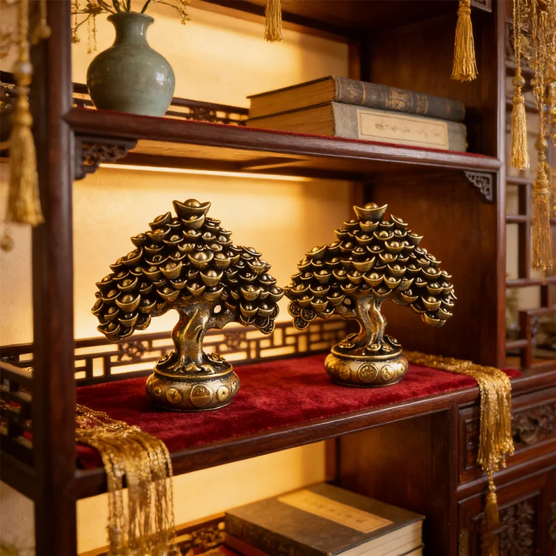 Desktop Feng Shui Brass Tree - Fortune Ingot Tree Sculpture for Office & Home, Attract Prosperity, Retro Metal Ornament & Gift