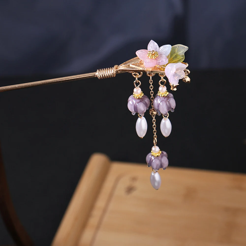 Chinese Purple Flower Hair Sticks Hanfu Decor Hairpins For Girls Tassel Pearl Hair Bun Chopsticks Retro Party Hair Clasp Jewelry