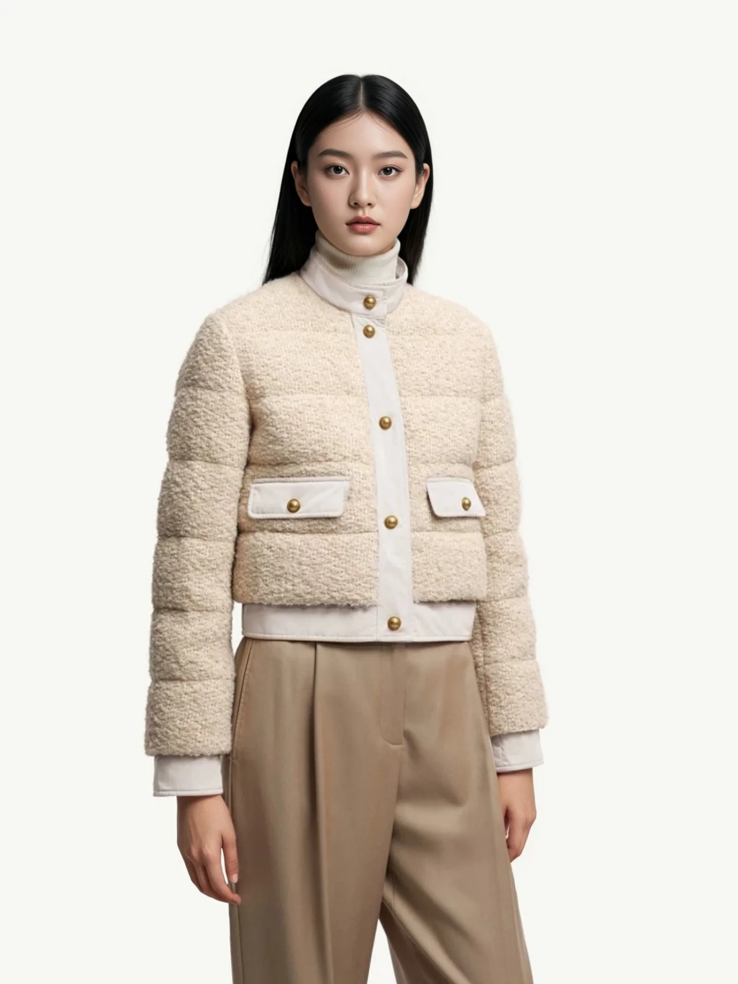 

Женская короткая куртка-пуховик из твидовой шерсти цвета тан, с воротником-стойкой, двумя карманами, наполнителем из белого гусиного пуха, теплая, приталенная, с завышенной талией