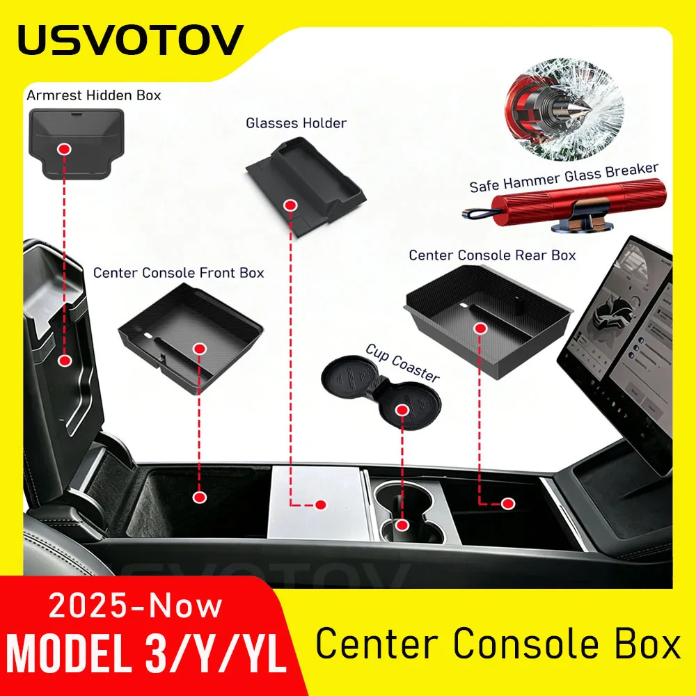 Para 2025 2026 Tesla Model 3 Y YL Juniper Caixa de Armazenamento Bandeja Organizadora para Console Central Apoio de Braço Porta-Óculos Porta-Copos Acessórios
