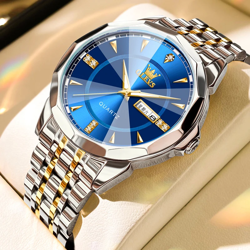 

OLEVS Brand Original Men Watch Luminous Waterproof Prismatic Mirror Surface Quartz Watch for Men Stainless Steel Strap Calendar