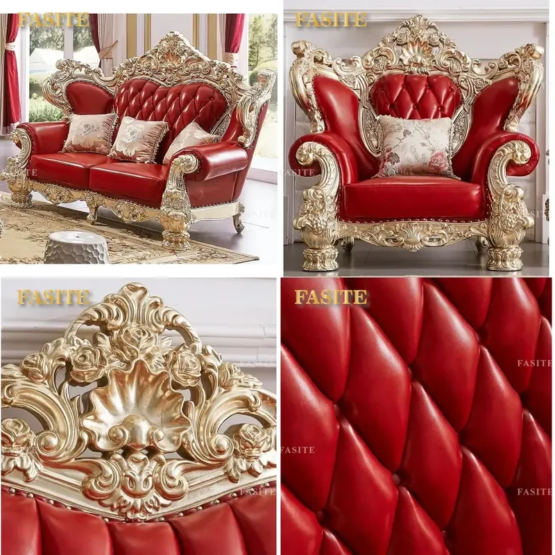 For European Luxury Living Room Sofa Set Classic Royal Carved Solid Wood Frame Leather 1 2 3 Seater Sectional Wedding