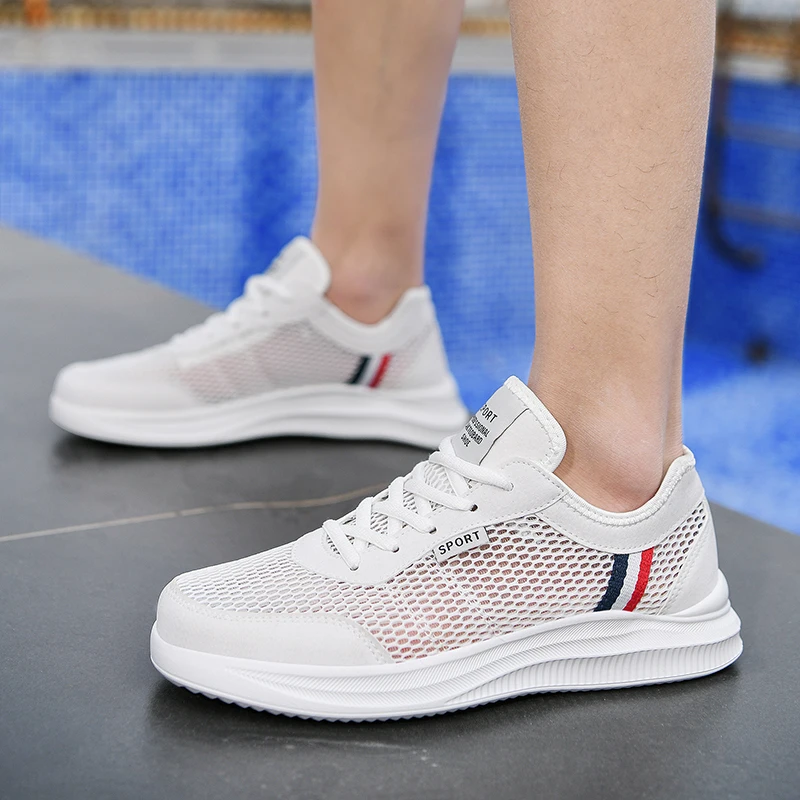 

New Men's Shoes Mesh Hollow Shoes Summer Breathable Lace Up Thick Sole Non Slip Lightweight Vulcanized Comfortable Men Sneakers