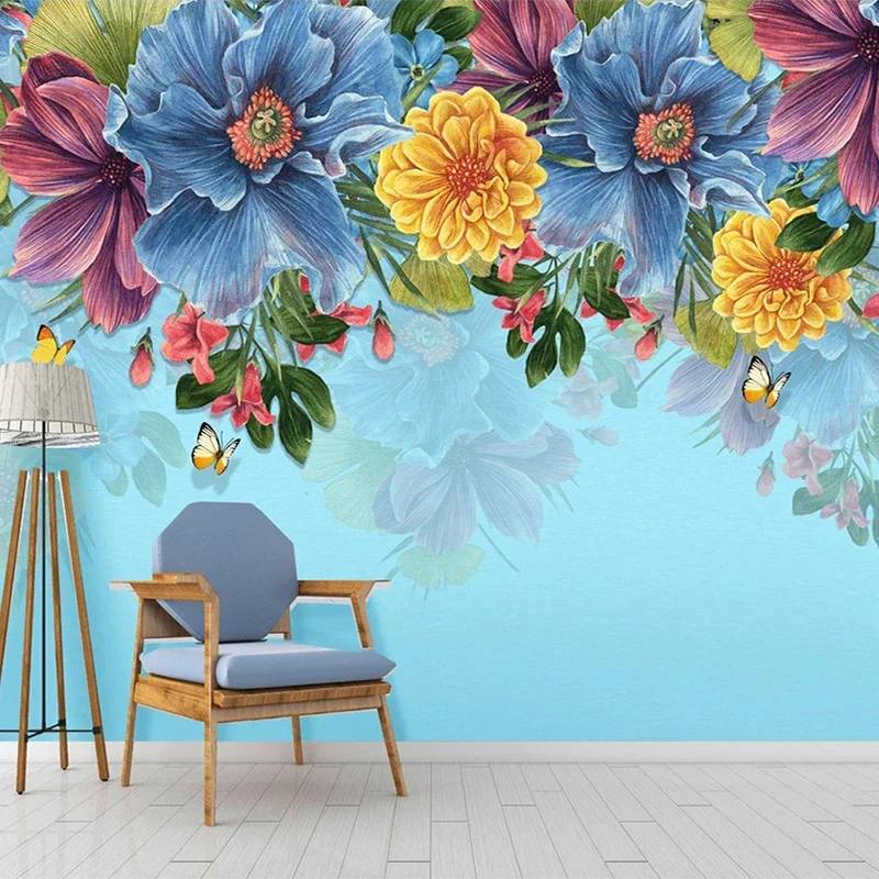 Custom 3D Retro Hand Painted Floral Mural Living Room Bedroom Background Photo Wallpaper Blue Flowers Waterproof Canvas Painting