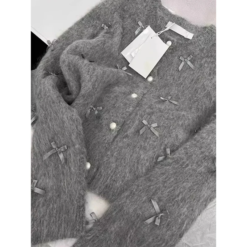 Grey Bow Sweater Women 2024 Autumn Winter French Temperament High Grade Soft Glutinous Mohair Knitted Cardigan Fragrant Coat