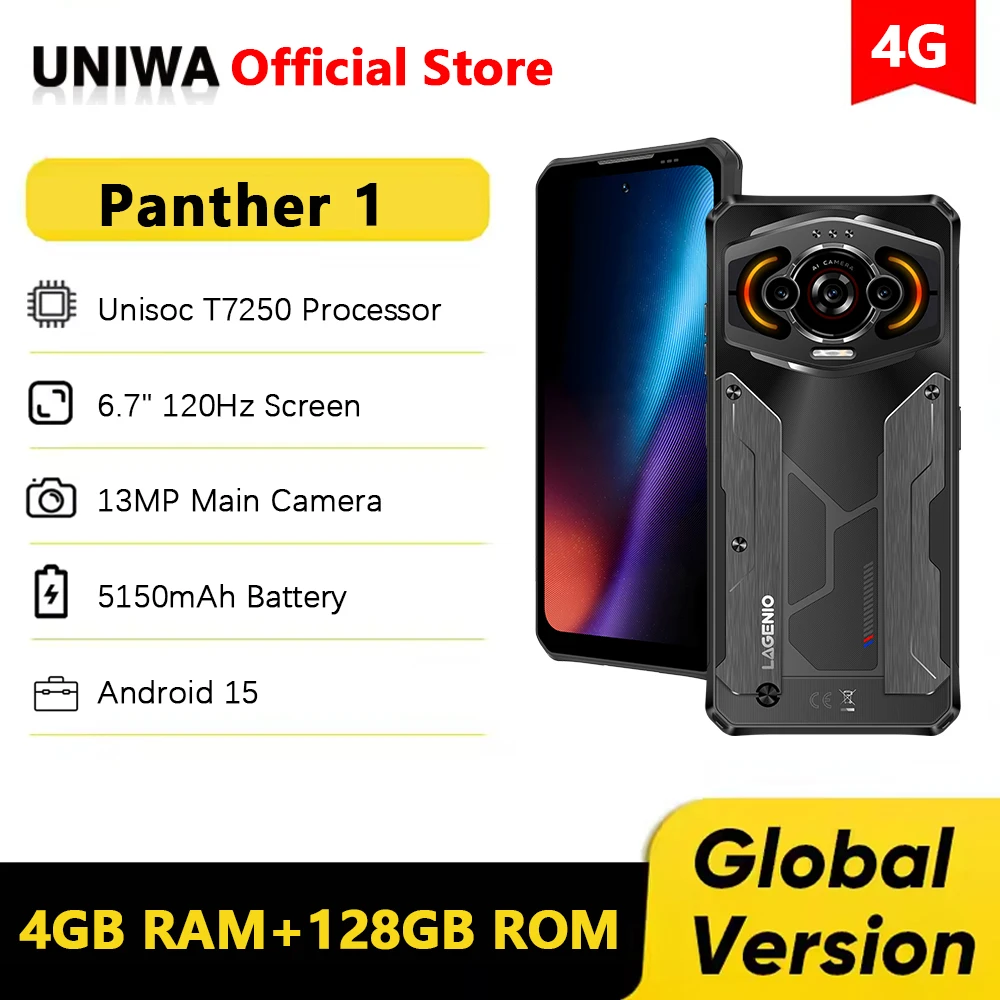 LAGENIO Panther 1 هاتف ذكي رفيع للغاية 6.7 بوصة HD 4 + 128GB هاتف محمول متين 13MP 5150mAh 4G هاتف محمول أندرويد 15 بصمة NFC